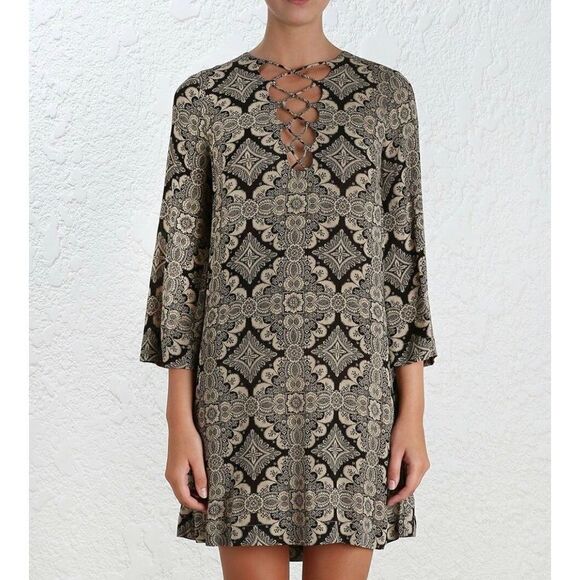 Zimmermann Women's Mini Shift Geometric Pattern Dress Sz 1 Lace Up Front Viscose - Picture 4 of 16